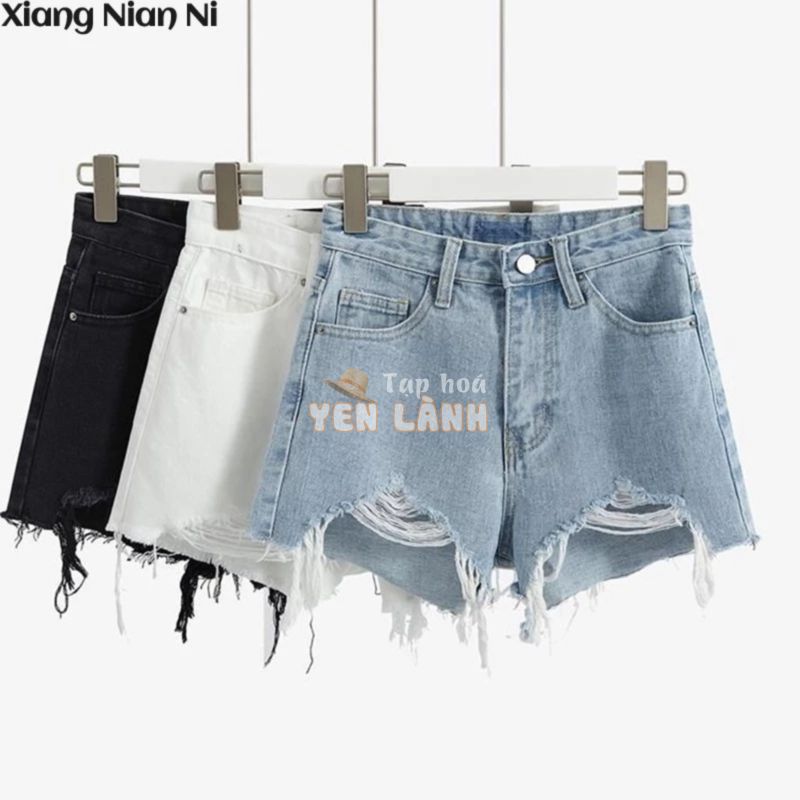 Xiang Nian Ni Xuyên Biên Giới Quần Short Jean Ống Rộng Cạp Cao Rách Lỗ Bất Đối Xứng Phong Cách Thường Ngày Cho Nữ