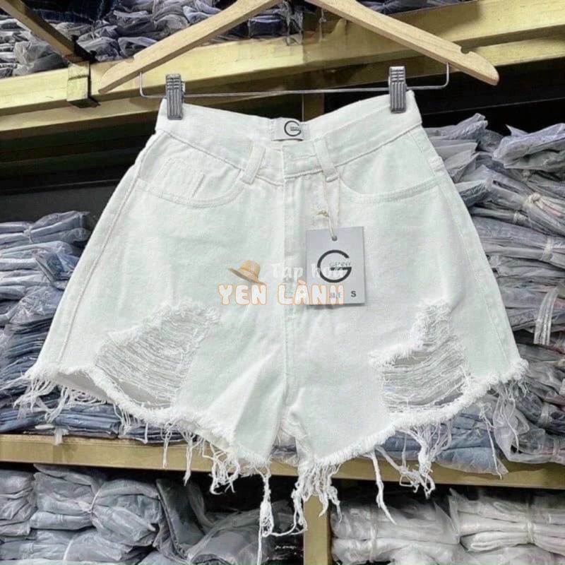 Quần short jean nữ rách đẹp lưng cao, Quần đùi chất bò trắng rách cá tính