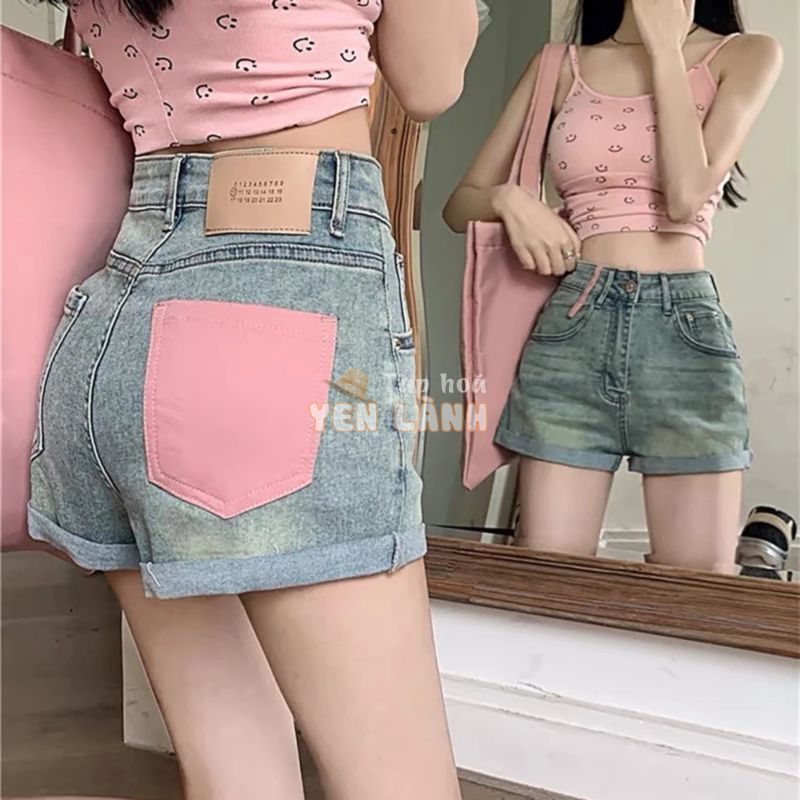 Thời Trang BigSize- Quần Short Jean Nữ Phom Rộng Xăn Lai, Phối Túi Màu Hồng HotTrend 0038