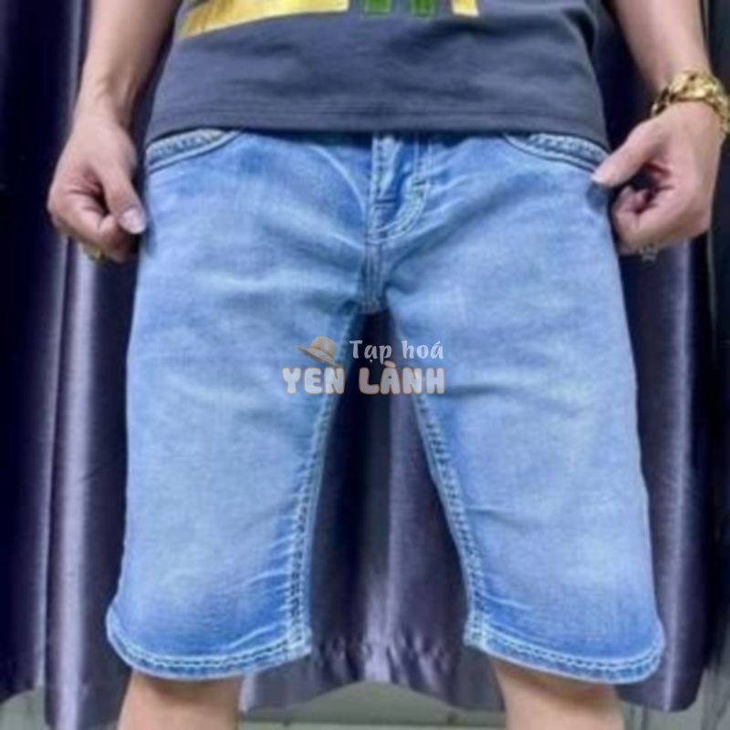 Quần jean nam short ROCK REVIVAL , túi thêu phối da wash màu xanh jean sáng Denim