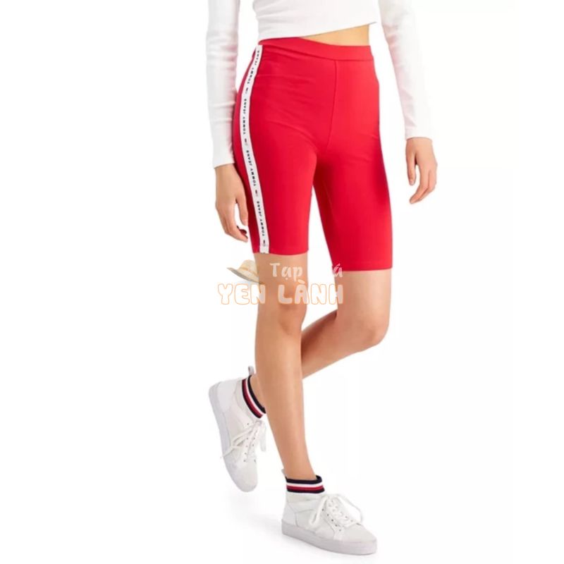 Quần biker short màu đỏ T0mmy lưng cao một sọc logo TG000436