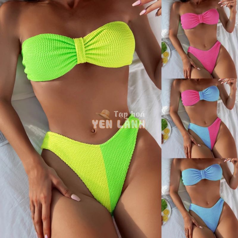 MT♚Xếp Ly Lưng Buộc Dây Bikini Bộ Hai Mảnh Bandeau Áo Ngực Quần Sịp Miếng Dán Cường Lực Màu Sắc Đồ Bơi Cho Hoạt Động Dưới Nước