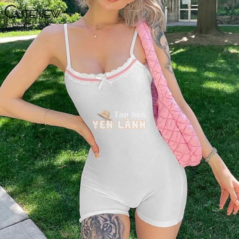 Kliou Ngọt Ngào Dễ Thương Ren Chắp Vá Nữ Đơn Giản Màu Trơn Áo Liền Quần Slim Fit Playsuits Thường Ngày Mùa Hè