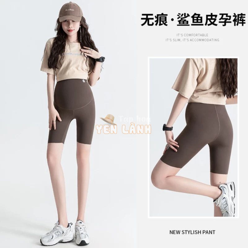 Quần Legging Bà Bầu Mùa Hè Mỏng Crop Quần Liền Mạch Bụng Nâng Cá Mập Quần Tập Yoga Quần Short