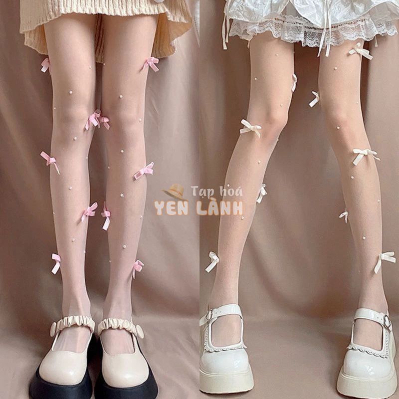 Quần tất lụa siêu mỏng đính nơ ngọc trai phong cách lolita Nhật Bản