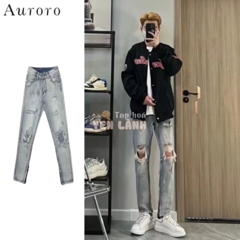 Quần bò rách gối denim thời trang quần jean nam rách gối uncover quần jean skinny nam hiphop tiếng nhật quần tây quần thời trang nam unisex quần jean skinny nam