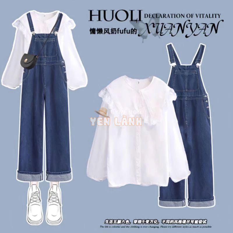 Bộ Áo Sơ Mi Cổ Búp Bê + Quần Yếm Denim Phong Cách Phương Tây Thời Trang Mùa Xuân 2023 Mới Cho Nữ#0717#