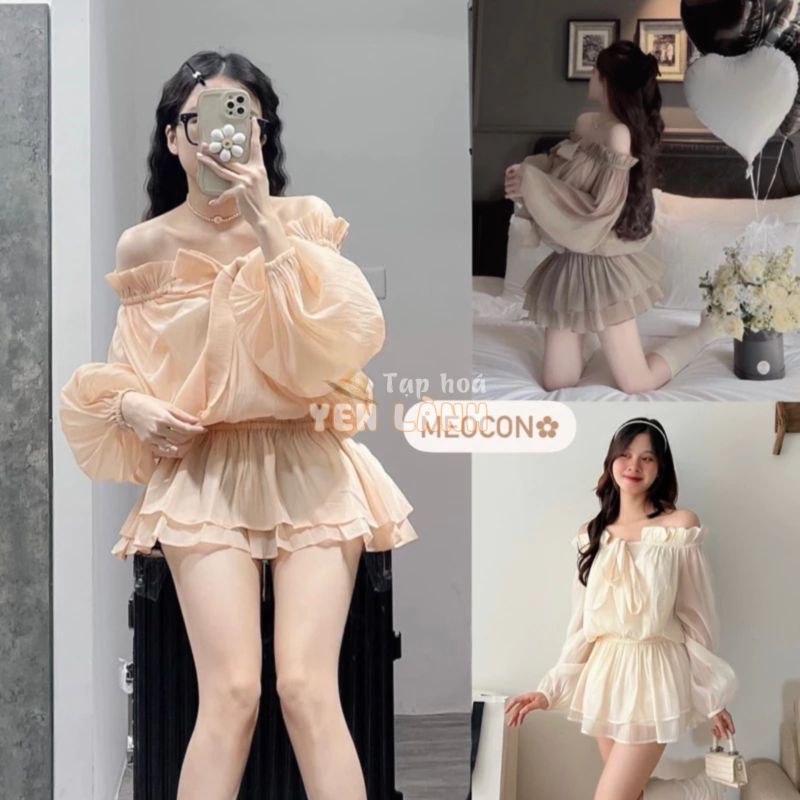 [NEW/ SẴN] Pami dress – Áo váy trễ vai bo chun nơ ngực thắt eo giấu quần