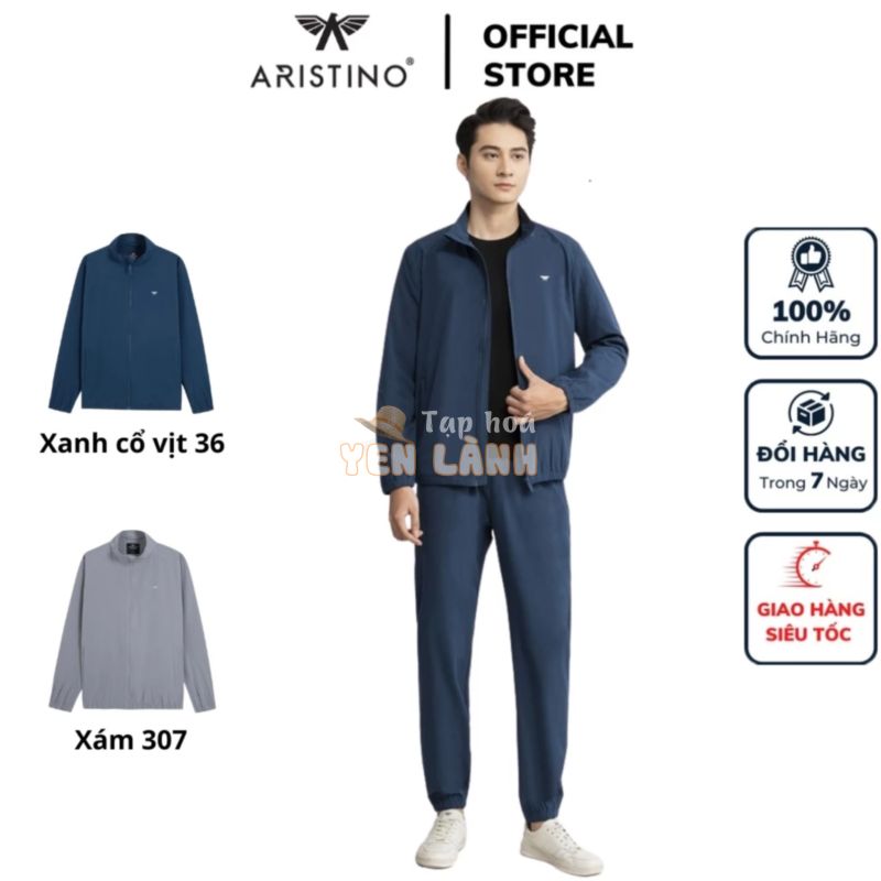 Bộ gió thu đông ARISTINO AJS004W2 đồ thể thao nam trơn màu dáng suông áo cổ trụ quần cạp chun ống đứng vải polyester