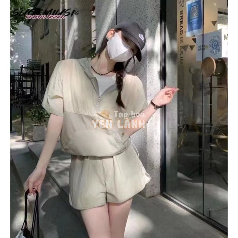 Sugemiusi Bộ Đồ Thể Thao Áo Hoodie Mỏng Phối Khóa Kéo + Quần Short Lưng Cao Xẻ Tà Thời Trang Mùa Hè Cho Nữ