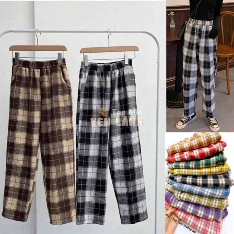 Q002 Quần ống rộng thô đũi kẻ caro cạp chun lưng cao cute, quần culottes ống suông dài karo vintage retro nam nữ