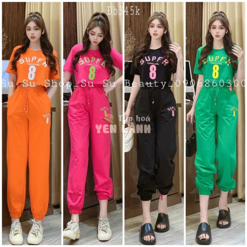 [5.5 Sales Freeship] Set bộ thun thể thao nữ, set áo thun tay ngắn in chữ croptop mix quần dài ống túm dạo phố cá tính