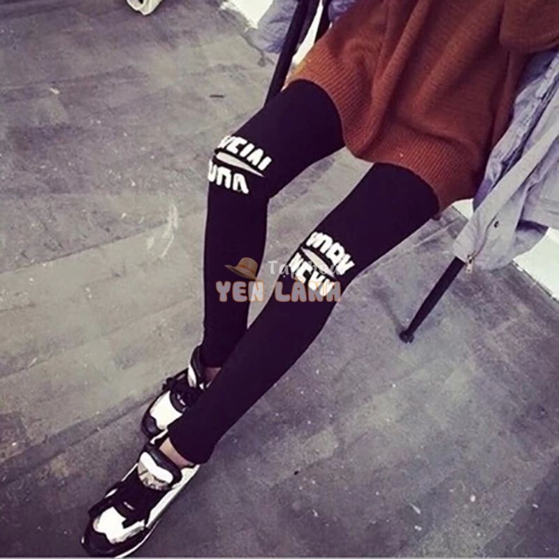 Quần Legging Cotton Dài Tới Đầu Gối In Chữ Mặt Cười Thời Trang Cho Nữ