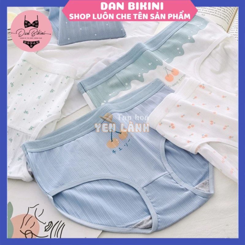 Quần Lót Nữ Cotton gân tăm họa tiết cute cherry tone xanh mềm mại MÃ CS06