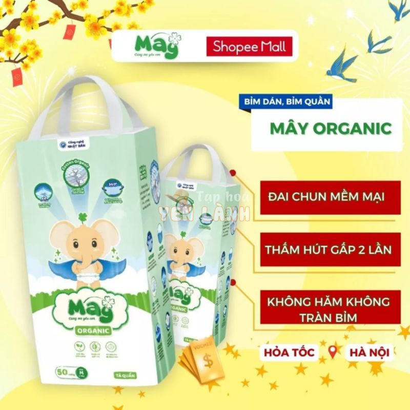 Tã Bỉm Dán, Bỉm Quần MÂY ORGANIC Việt Nam ( Size S/M/L/XL/XXL ) – Bỉm quần chống hăm siêu mỏng thấm hút cho bé