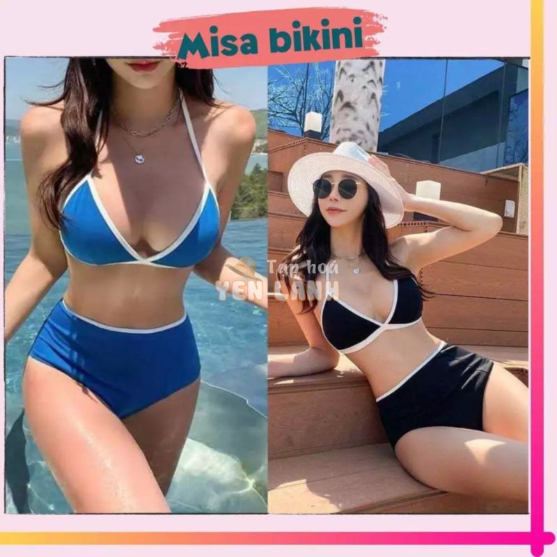 Set bikini đi biển nữ đồ bơi bikini 2 mãnh mút mềm quần lưng cao viền trắng Ms 14