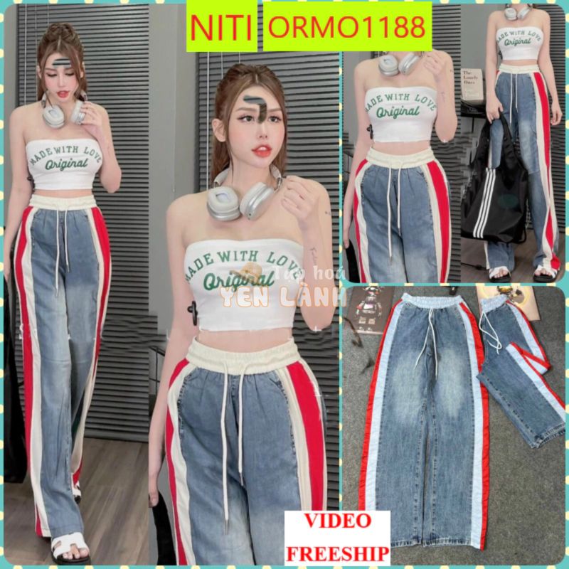 [ORMO1188]QUẦN JEANS ỐNG RỘNG NỮ LƯNG THUN DÂY RÚT SỌC ĐỎ TRẮNG HÔNG MÀU XANH NHẠT LAI CUỐN SIÊU CÁ TÍNH CỰC PHONG CÁCH