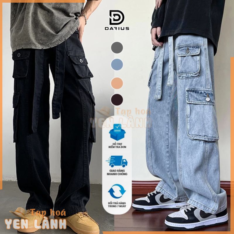 Quần jean kaki nam nữ suông 8 túi hộp đai to Hiphop ống rộng xuông dài cargo pants Avocado