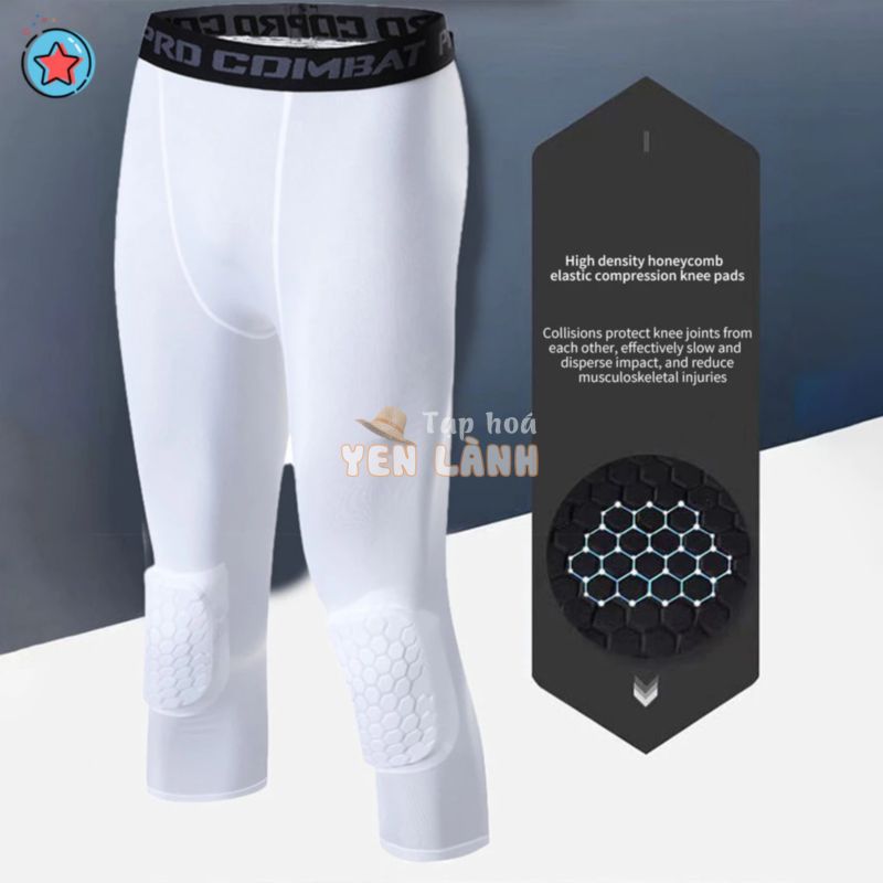 [Tut] Quần chạy bộ Miếng đệm đầu gối tổ ong Quần crop chống va chạm Quần legging nam Bảo vệ thể dục Chạy bóng rổ Quần legging đàn hồi cao