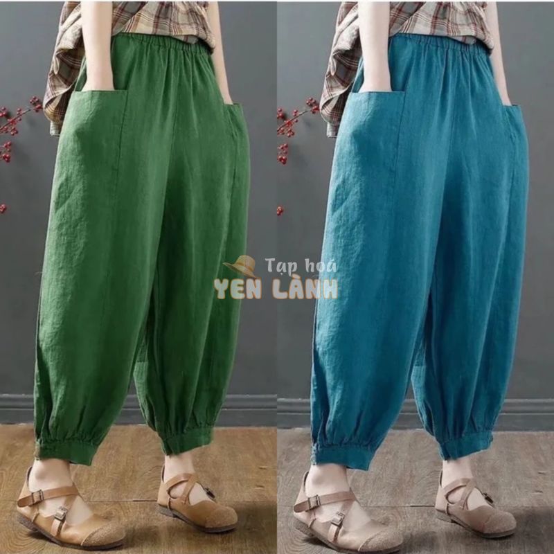 M-4xl 2023 Mới 100% Cotton Vải Lanh Retro Cao Cấp Nữ Rời Bó Hoa Dài Đến Mắt Cá Chân Quần Hậu Cung