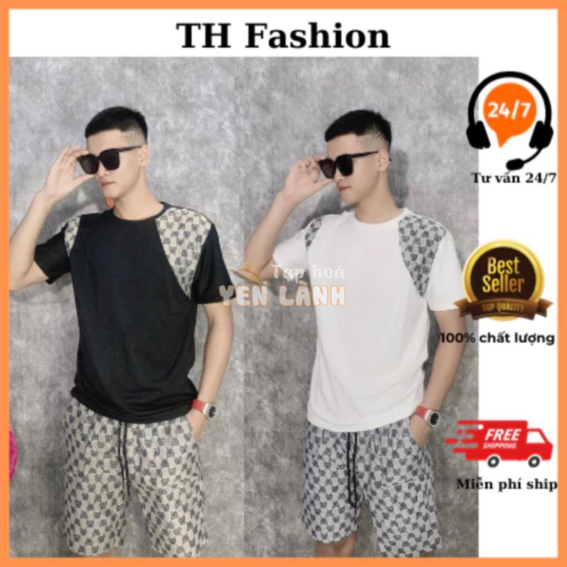 bộ đồ nam phối hình đầu gấu có cổ tròn và cổ trụ chất thun cotton co dãn kết hợp quần vải bố thêu