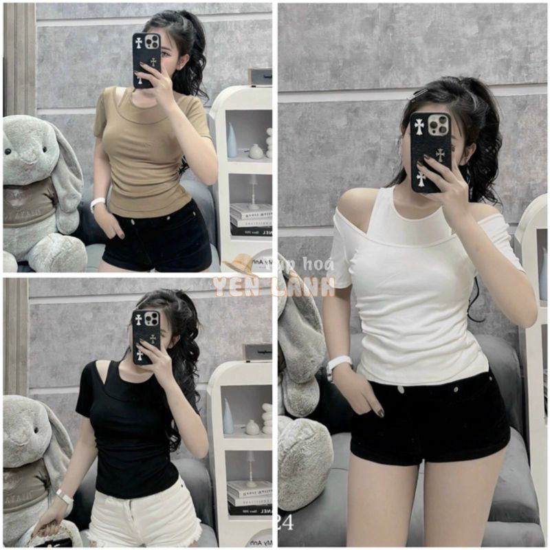 áo hở vai cổ yếm chất cotton zip mát co dãn ôm body,mix với quần sooc chân vây đều xinh