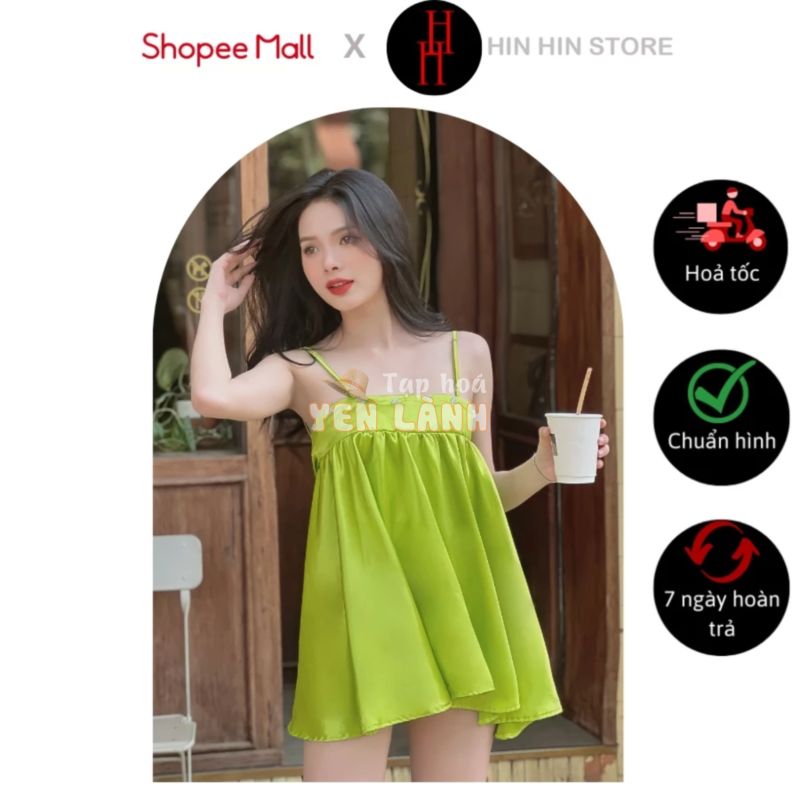 Áo babydoll HAF54 giấu quần hai dây thắt nơ lưng màu xanh neon đính hạt Hỉn Hỉn Store