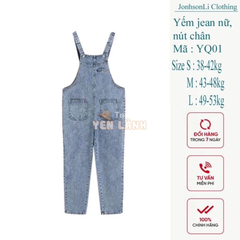 Quần yếm jean dài trơn JohnsonLi, vải denim mềm mịn, không co giãn, JL04