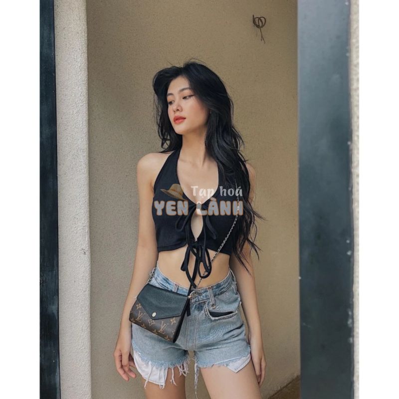 Áo croptop nữ yếm cột dây trơn chất liệu thun gân co giãn I HHVINTAGE