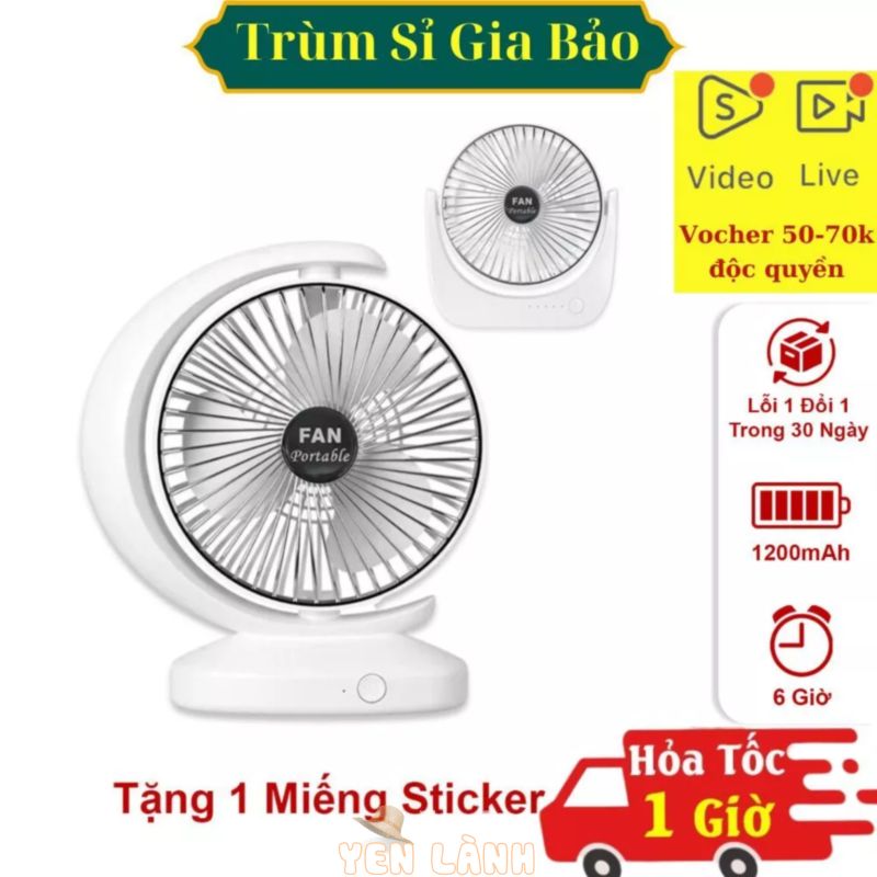 Quạt mini tích điện để bàn xoay 180 độ, máy quạt pin sạc điện usb làm mát công suất lớn 3 chế độ gió 1200 mAh.