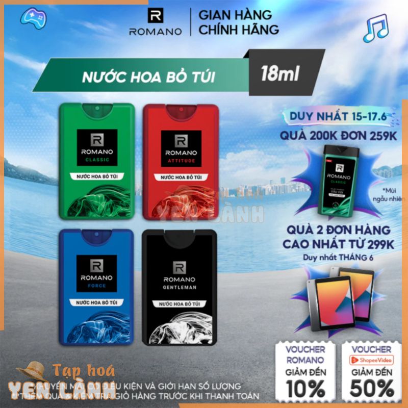 Nước hoa bỏ túi Romano hương Attitude/Classic/Force/Gentleman 18ml/chai – 4 mùi hương có sẵn