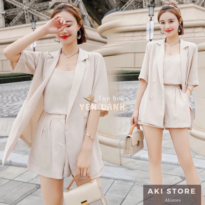 Set Áo Khoác Blazer + Áo Hai Dây + Quần Short Thời Trang Mùa Hè Phong Cách Hàn Quốc Cho Nữ