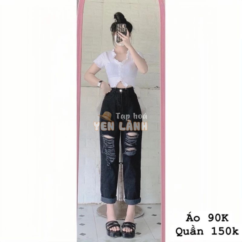 Set Quần baggy jeans đen rách nhiều + áo croptop gân cuốn biên