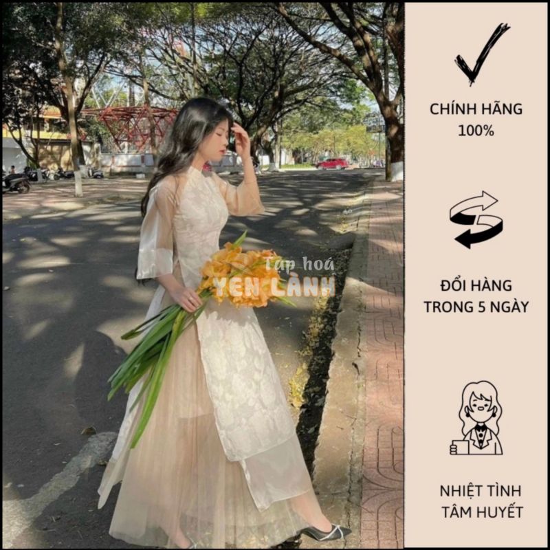 Set Áo Dài Hoa Nổi Phối Voan + Chân Váy xếp Ly Duyên Dáng – C0649