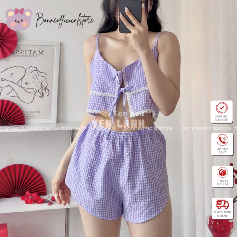 Set Bộ Quần Áo Ngủ Mặc Nhà Sexy Cotton Caro Mềm Mịn Dễ Thương Viền Ren Thắt Nơ Cực Xinh Quyến Rũ BNSETN175