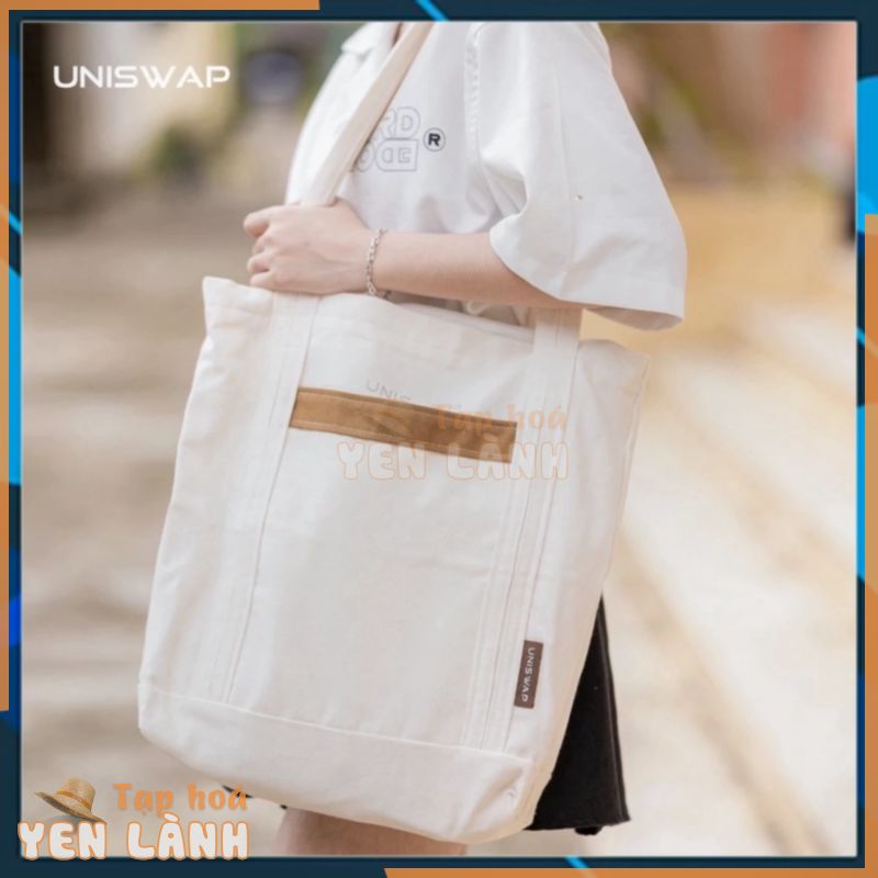 KHO HCM – Túi vải đeo vai UNISWAP/ CV-01 basic unisex vải canvas 3 ngăn màu trắng sữa phối logo da bò thật – túi tote/tú