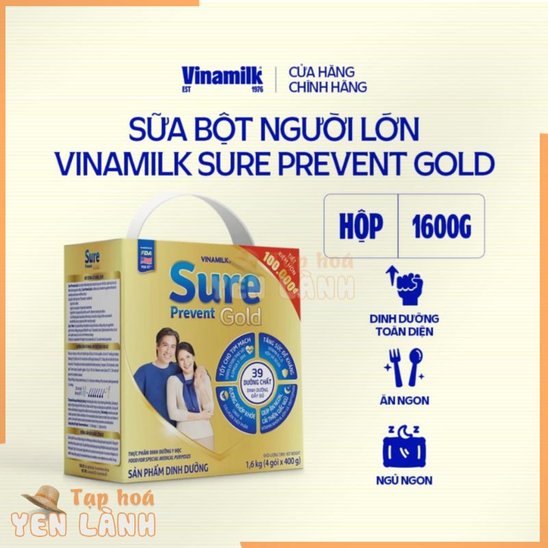 Sữa bột cho người lớn tuổi Vinamilk Sure Prevent 1600g (4 túi x 400g) – Hộp giấy