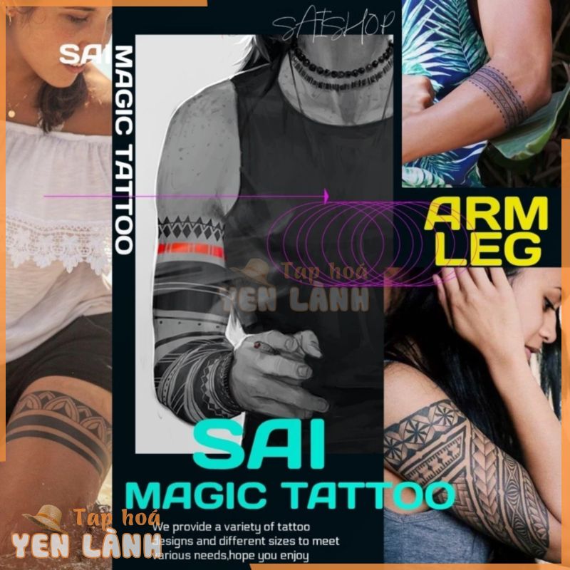 Miếng dán hình xăm tạm thời SAI MAGIC TATTOO chống thấm nước lâu trôi lên đến 2 tuần ,Cổ tay Cánh tay , Hình xăm bộ lạc Vòng tay Tiếng Samoa Cổ Dwayne Johnson Tay áo hình xăm full tay bắp tay Nửa tay