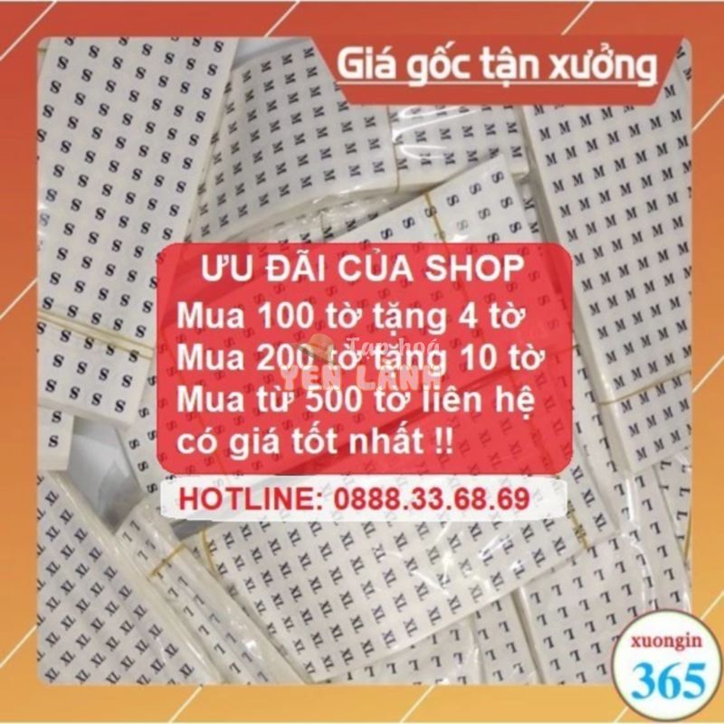 Tem size dán quần áo ( 126 Miếng ) – Decal Size XS, S, M, L, XL.. dán quần áo (Quà Tặng khi mua 100 tờ)