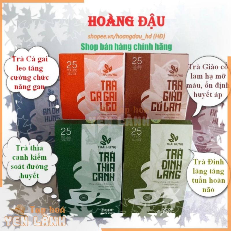 Trà thìa canh, trà đinh lăng, trà cà gai leo, trà giảo cổ lam – Thái Hưng (bịch 25 túi lọc – 125g)