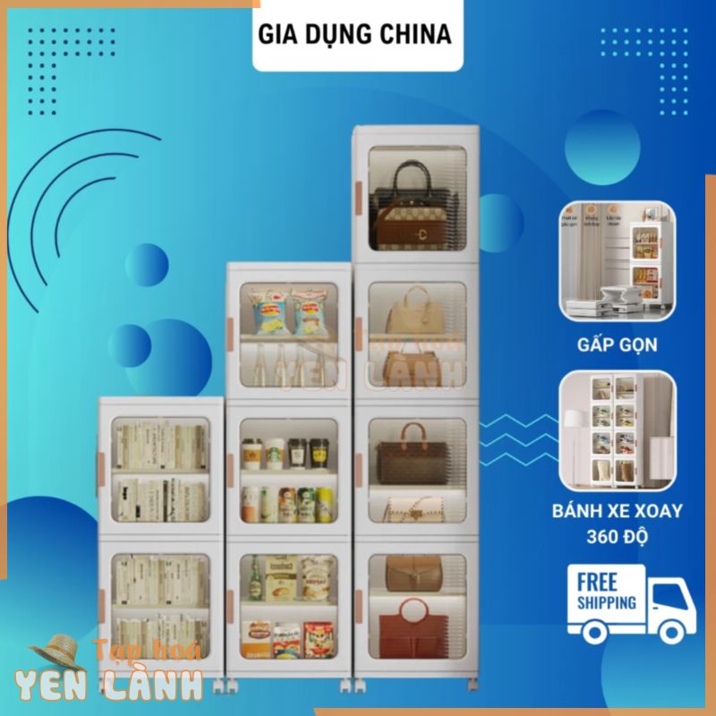 Tủ đựng giày dép, túi xách, tủ nhựa gấp gọn đa năng cửa trong suốt bánh xe xoay 360 độ tiết kiệm không gian