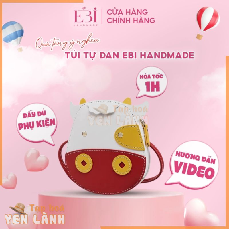 Túi da đeo chéo EBI HANDMADE da Pu tự làm hình con trâu trắng vàng đỏ may mắn – ES20