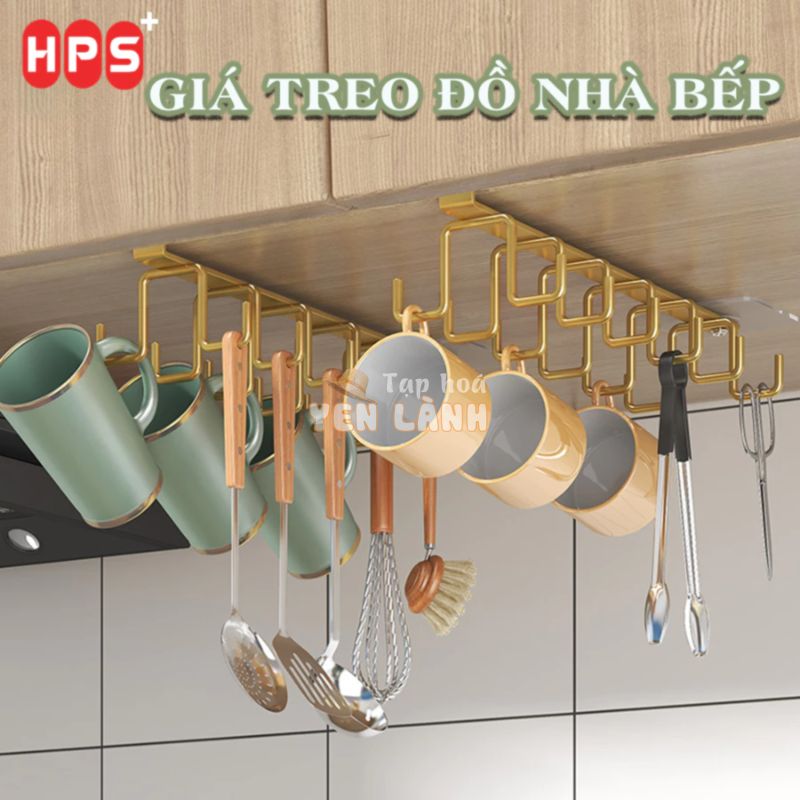 Giá 12 móc treo đồ đa năng tiện lợi gắn cài kẹp dưới tủ bếp, tủ quần áo, Kệ bàn để cốc ly, dụng cụ nấu ăn bằng sắt