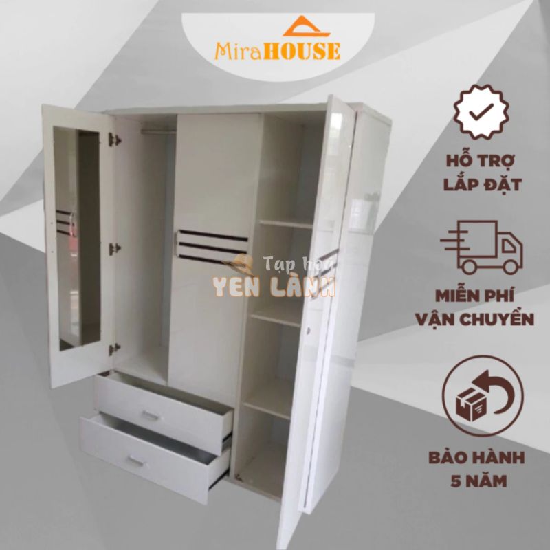 Tủ Quần Áo 3 Cánh CÓ GƯƠNG Nhựa Đài Loan, MIRA HOUSE Có Lắp Đặt, Cao 1m85 dài 1m25 sâu 50cm