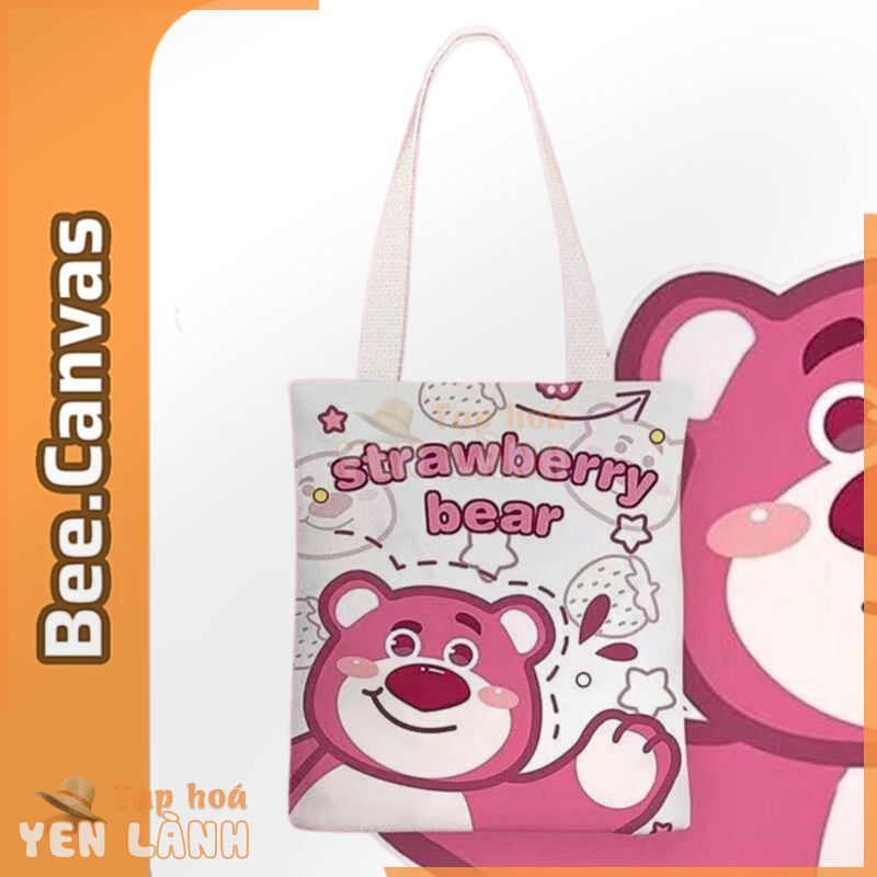 Túi xách vải canvas tote 2 quai đeo vai Gấu dâu Lotso hai quai nữ thời trang, đựng sách vở A4 không khóa kéo Bee Canvas