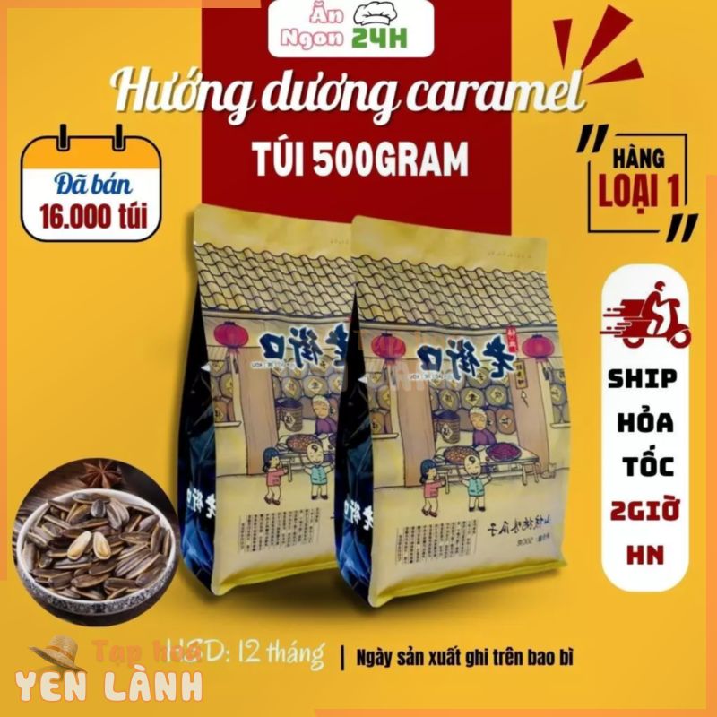 Hướng dương tẩm vị caramen, hướng dương nguyên vị, hướng dương hiệu bà già ((túi zip 500gr)