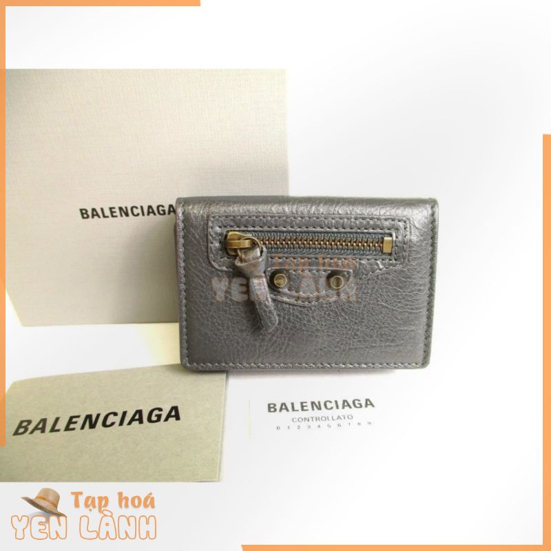 Authentic BALENCIAGA Dark Gray Leather Trifold Mini Wallet Classic #9653 Pre-owned