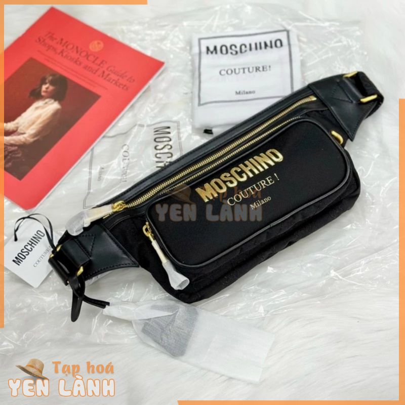 Túi bao tử da thật phối vải Moschino, hàng đẹp, bao xịn, khoá kéo mượt mà