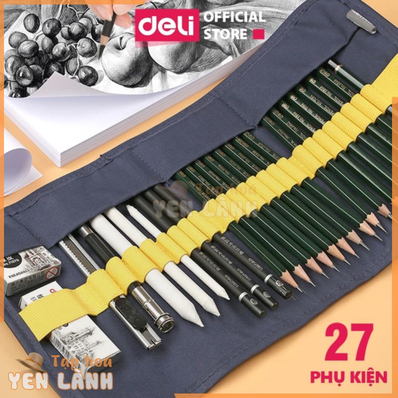 Bộ dụng cụ vẽ phác thảo cao cấp 27 phụ kiện Deli Thiết kế dạng túi cuộn tiện lợi vẽ chân dung phác thảo đánh bóng