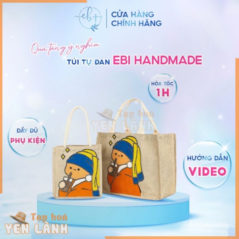 Túi Cói Handmade, Túi Tote Vintage Đầy Đủ Bút Lông Và Hộp Màu Tô Tranh Hình Vẽ Xinh Xắn – EB90